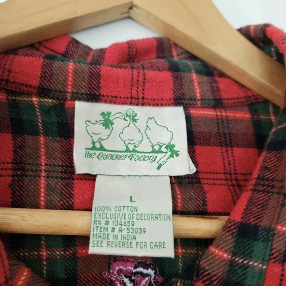 The Quacker Factory Beaded Rose Embroidered Plaid Button Flannel Shirt L Large - Picture 4 of 5